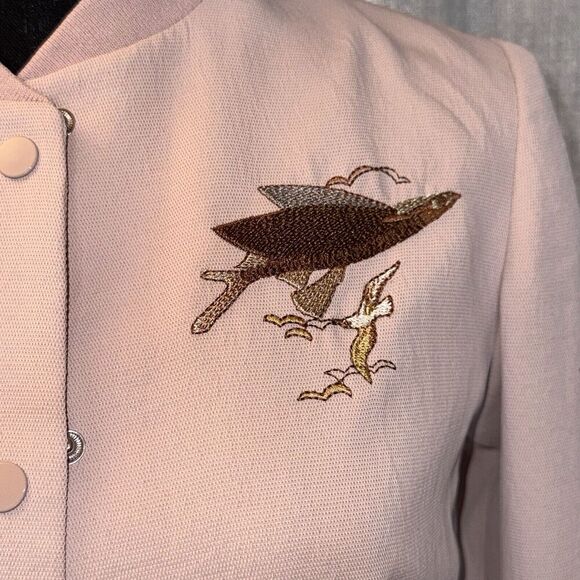 ARITZIA Wilfred Women’s XS Poussin Snap Bomber Jacket Embroidered Birds Blush - Picture 2 of 12
